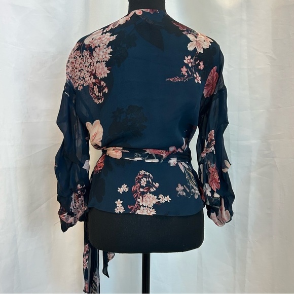 ZARA navy blue pink floral flower chiffon wrap blouse side tie Sz XS - Picture 6 of 11